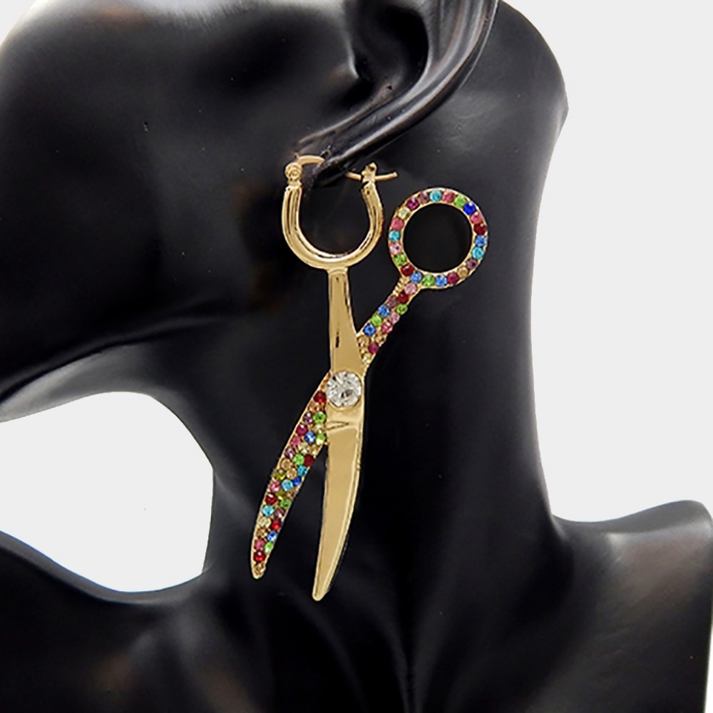 Crystal Pave Metal Scissors Pin Catch Earrings